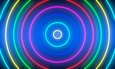 Abstract colorful neon light circles background.