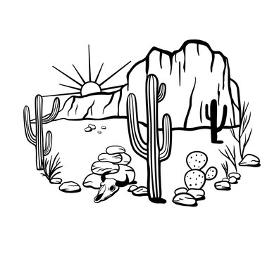 Desert, cacti and sun - landscape outline. Black and white vector picture. Sunset in the desert against the backdrop of the rocks.