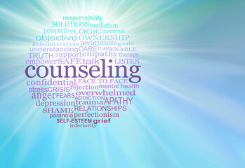 Counseling word bubble message banner background - jade green purple and burgundy circle of words relevant to COUNSELING against a blue green graduated light burst background with space for messages
