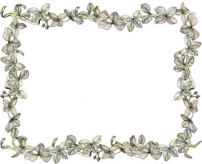 Frame of hydrangea petals with pink ribbon, watercolor illustration in sketch style. Romantic border with copyspace, isolated on white background. Delicate pastel, elegant invitation, vintage floral.