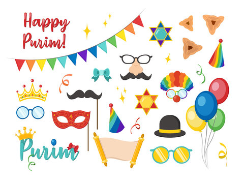 Happy Purim carnival set funny costume elements, icons for the party. Colored isolated photo booth party icon set