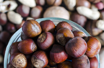 Hazelnuts in a transparent plate on the background of a scattering of various nuts close up