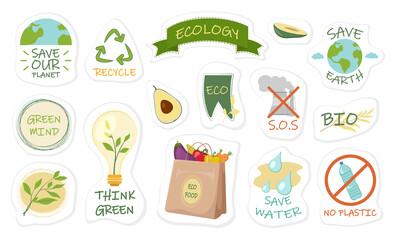 Collection of ecology stickers with slogans save earth, go green, eco, save water. Bundle of decorative design elements