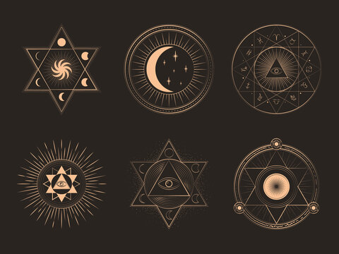 Magic symbols with vector alchemy and occult science, esoteric religion and astrology mystic signs. Minimalistic objects made in the style of one line. Editable vector illustratio