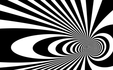 Abstract op art black and white lines in hyper 3D perspective vector abstract background, artistic illustration psychedelic linear pattern, hypnotic optical illusion.