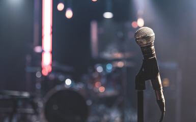 Close up microphone on blurred background with bokeh.