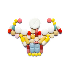 Creative medicine health sport concept photo of man person made of pills drugs bodybuilder runner...