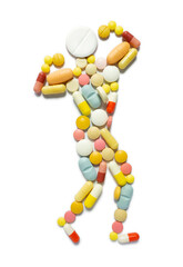 Creative medicine health sport concept photo of man person made of pills drugs bodybuilder runner...