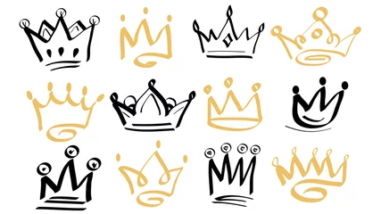 Tuinposter Doodle crowns. Line art king or queen crown sketch, fellow crowned heads tiara, beautiful diadem. Sketch crown. © ellyson