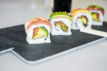 Delicious variety of sushi california rolls