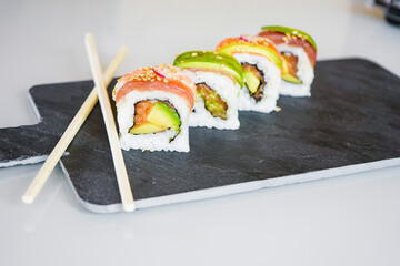Delicious variety of sushi california rolls