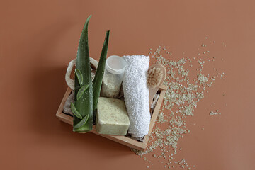 Spa composition with natural skin and body care products in a box.