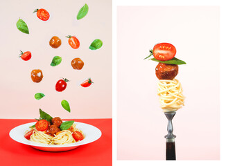 Creative collage of spaghetti bolognese with meat meatballs, tomatoes and basil, pasta on a fork,...