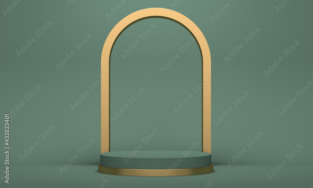Poster cosmetics podium with golden arch on green background. backdrop design for product promotion. 3d ren