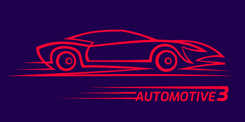 Automotive minimalistic red line illustration. Car outline. Dark background. Text outlined. Vector.