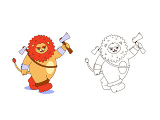 Cartoon lion with an axe. Isolated vector image in eps format.