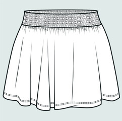Skirt flat sketch for girls. Skirt technical drawing. Girls Short Skirt fashion flat sketch template. Technical Fashion Illustration. Smocking elastic waist effect.