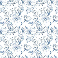 Fototapeta na wymiar Hibiscus flower seamless pattern. Hand drawn sketch style. Line art. Mallow Chinese Rose. Herbal tea. Hawaii. Tropical background for paper, textile, wrapping and wallpaper.