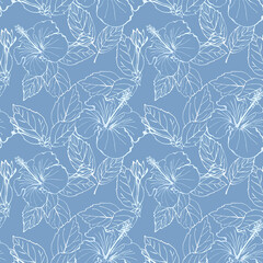 Hibiscus flower seamless pattern. Hand drawn sketch style. Line art. Mallow Chinese Rose. Herbal tea. Hawaii. Tropical background for paper, textile, wrapping and wallpaper. © elenavic