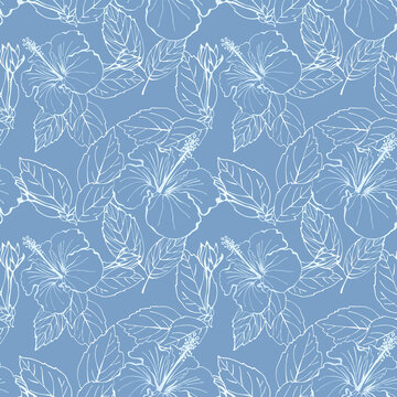 Hibiscus flower seamless pattern. Hand drawn sketch style. Line art. Mallow Chinese Rose. Herbal tea. Hawaii. Tropical background for paper, textile, wrapping and wallpaper.