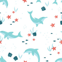 Cute dolphin seamless pattern, lovely hand drawn summer background. Great for summer textiles, banners, wallpapers, wrapping - vector design