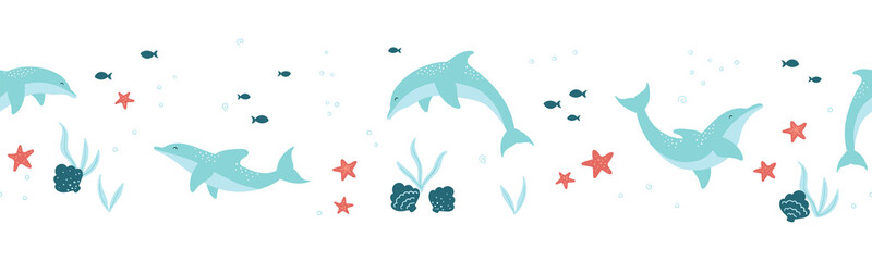 Cute dolphin seamless pattern, lovely hand drawn summer background. Great for summer textiles, banners, wallpapers, wrapping - vector design