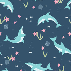 Cute dolphin seamless pattern, lovely hand drawn summer background. Great for summer textiles, banners, wallpapers, wrapping - vector design © TALVA