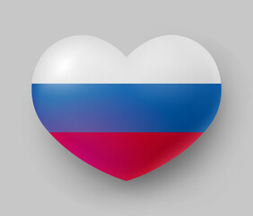 Heart shaped glossy national flag of Russia. European country national flag button, Russian symbol in patriotic colors realistic vector illustration on gray background