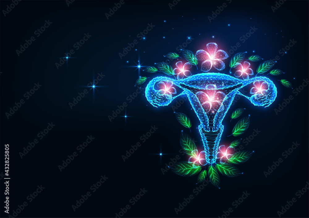 Wall mural Futuristic fertility and reproductive system health care concept with glowing uterus and flowers - Wall murals