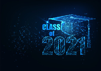 Futuristic Class of 2021 Graduation concept with glowing low polygonal graduate cap