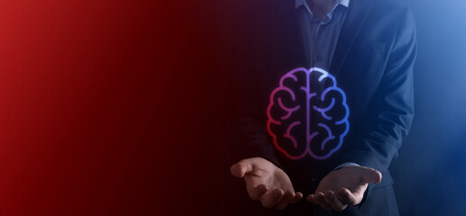 Businessman holding abstract brain and icon tools, device, customer network connection communication on virtual , innovative development future technology, science, innovation and business concept.