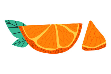 Hand drawn slice of orange with modern leaves. Summer concept. Flat illustration.