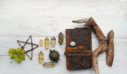 witchcraft book, gemstones minerals, incense burner. Magical items for home protection, magic...