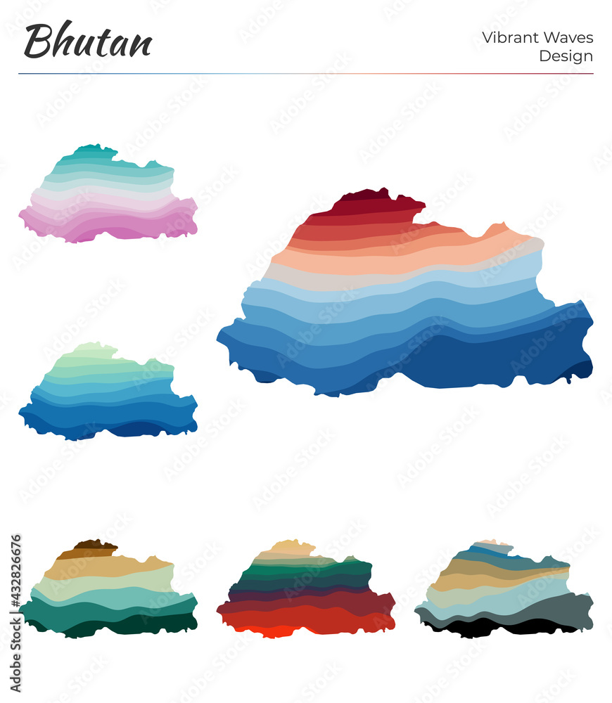 Poster set of vector maps of bhutan. vibrant waves design. bright map of country in geometric smooth curves