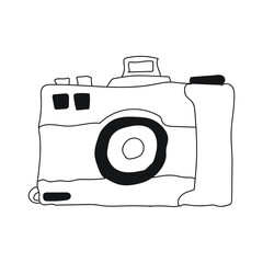 Doodle illustration of a camera isolated on a white background. Camera icon drawn by hand. Vector illustration.