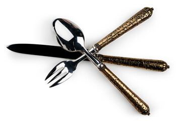 Set of stainless steel cutlery isolated on white background