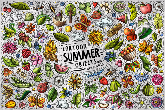 Vector doodle cartoon set of Summer nature theme objects and symbols