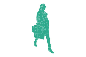 Vector illustration of fashionable woman walking on the sideroad, Flat style with outline