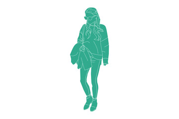 Vector illustration of fashionable woman walking on the sideroad, Flat style with outline