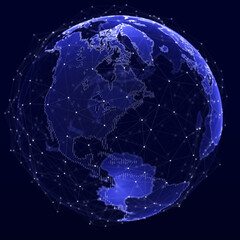 Worldwide connecting lines, light effect themed background. Connection to the global network. Planet Earth. Internet and technology. World map. 3D rendering.