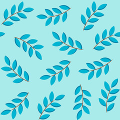 Blue foliage seamless pattern. Branches with leaves on blue background. Trendy flat style, floral decoration and backgrounds. Vector illustration