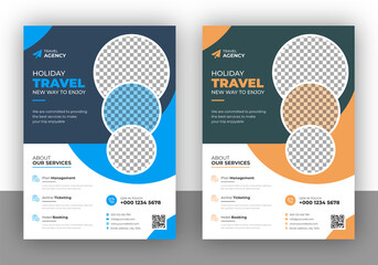 Travel agency busines flyer design template with colorful gradient vector graphic element, brochure magazine cover template in geometric shape for holiday vacation template