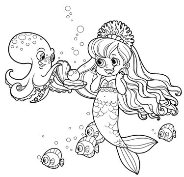 Cartoon gallant octopus gives the mermaid princess a pearl in the shell outlined for coloring page isolated on white background