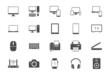 Technology glyph flat icons. Vector illustration include icon - computer, monitor, laptop, cellphone, router, fax, scanner, silhouette pictogram for electronic equipment