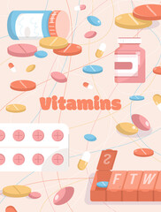Vector poster of Vitamins concept. Medicines in pharmacy, dietary supplement tablet