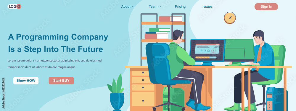 Poster Programming Company Is a Step Into The Future web banner concept. Programmers develop software, work on computers landing page template. Vector illustration with people characters in flat design