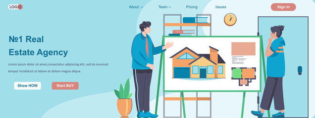 Real Estate Agency web banner concept. Realtor advises client, shows presentation with drawings of future home to buyer landing page template. Vector illustration with people characters in flat design