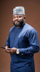 Portrait of bearded Nigerian man using a mobile phone 