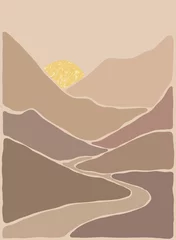 Papier Peint photo Chambre denfants Paysage d& 39 art bohème abstrait dans des tons de terre. Style bohème. Vue sur la montagne, soleil, lune, collines. Affiche d& 39 art vectoriel.