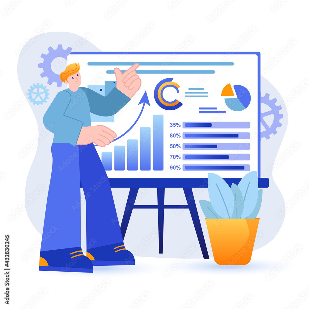 Poster big data analysis concept. analyst analyzing statistics standing in front of presentation board scen